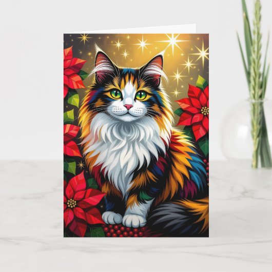 Cartes Pour Fêtes Annuelles Calico Cat with Poinsettias Custom Christmas (Devant)