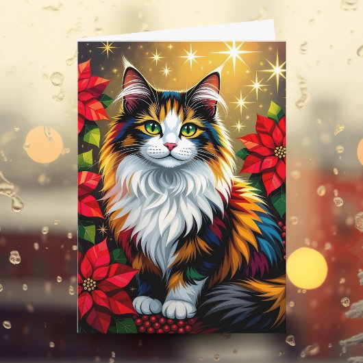 Cartes Pour Fêtes Annuelles Calico Cat with Poinsettias Custom Christmas