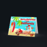 Cartes Pour Fêtes Annuelles California Christmas Père Noël et Surfboards Beach<br><div class="desc">Cette carte de voeux de Noël Joyeux présente Santa Clause sur une plage de Californie. Il se détend avec ses planches de surf, profite du soleil, des palmiers et de sa pipe. Salutation intérieure ~ "Voeux les plus chauds de notre Paradis des Vacances à votre... ". Tout le texte, sur...</div>