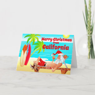 Cartes Pour Fêtes Annuelles California Christmas Père Noël et Surfboards Beach