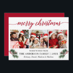 Cartes Pour Fêtes Annuelles Calliage Aquarelle Pines Baies 3 Photo Rouge<br><div class="desc">Script de calligraphie moderne. Elégante Winter Floral 3 Photo Joyeux Noël Card inclut de belles Pins Aquarellés aux Baies et ruban de Red Holly. Revers rouge.</div>