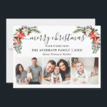 Cartes Pour Fêtes Annuelles Calligraphie 3 Photo Aquarelle hiver Floral<br><div class="desc">Script de calligraphie moderne. Elégante Winter Floral 3 Photo Joyeux Noël Card comprend de belles poinsettias rouges aquarelle,  verdure botanique,  feuillage hivernal,  baies sèches,  roses blanches,  coton,  cônes de pin et baies bleues.</div>