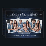 Cartes Pour Fêtes Annuelles Calligraphie 3 Photo Blue Wood Happy Hanoukka<br><div class="desc">Calligraphie moderne tendance Script 3 Photo Famille Photo Collage Carte Happy Hanoukka - Rustique Pays Bleu Bois</div>