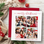 Cartes Pour Fêtes Annuelles Calligraphie 4 Photo Carré de Noël Rouge<br><div class="desc">Calligraphie moderne tendance Script 4 Photo Famille Photo Collage Joyeux Noël Carré Carte de vacances - Rouge</div>