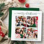 Cartes Pour Fêtes Annuelles Calligraphie 4 Photo Carré vert de Noël<br><div class="desc">Calligraphie moderne tendance Script 4 Photo Famille Photo Collage Joyeux Noël Carré Carte de vacances - Vert</div>