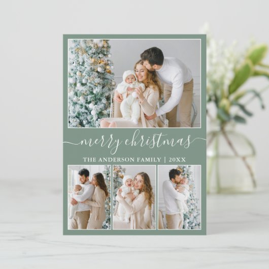 Cartes Pour Fêtes Annuelles Calligraphie 4 Photo Joyeux Noël Sage Vert (Debout devant)