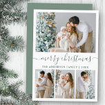 Cartes Pour Fêtes Annuelles Calligraphie 4 Photo Sage Green Joyeux Noël<br><div class="desc">Calligraphie moderne tendance Script 4 Photo Famille Photo Collage Joyeux Noël Carte de vacances - Sage Green</div>