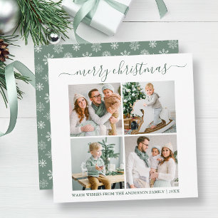 Cartes Pour Fêtes Annuelles Calligraphie 4 Photo Snowflakes Sage Green Carré