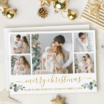Cartes Pour Fêtes Annuelles Calligraphie Aquarelle Eucalyptus Or Noël<br><div class="desc">Script de calligraphie moderne Joyeux Noël 5 Photo Carte de vacances inclut des Feuilles d'Eucalyptus Aquarelle. Texte Or.</div>