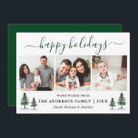 Cartes Pour Fêtes Annuelles Calligraphie aquarelle Pins verts 3 Photo<br><div class="desc">Script de calligraphie moderne 3 Photo Happy Holidays Card inclut Aquarelle Pine Arbres - Forest Green Script</div>