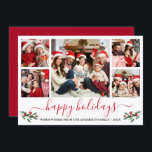 Cartes Pour Fêtes Annuelles Calligraphie Aquarelle Rouge Holly 5 Photo<br><div class="desc">Calligraphie moderne Script 5 Photo Famille Photo Collage Happy Holidays Card inclut Watercolor Christmas Holly Berries - Red Script</div>
