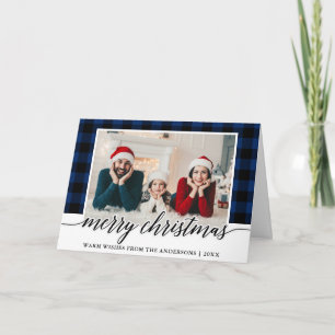 Cartes Pour Fêtes Annuelles Calligraphie Bleu Plaid Famille Photo Plier Noël