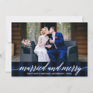 Cartes Pour Fêtes Annuelles Calligraphie Blue Plaid marié et joyeux Mariage