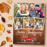 Cartes Pour Fêtes Annuelles Calligraphie Bois Thanksgiving Camion 4 Photos<br><div class="desc">Calligraphie rustique bois amusant Script Watercolor Vintage Camion rouge avec Citrouilles et feuilles d'automne - Bon thanksgiving 4 Photo Carte postale</div>