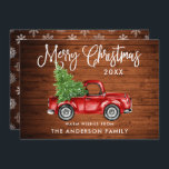Cartes Pour Fêtes Annuelles Calligraphie Camion de Noël Flammes de neige Bois<br><div class="desc">Bois rustique - Moderne Fun Calligraphie Script Aquarelle Vintage Camion rouge avec arbre de Noël - Joyeuse carte de Noël avec flocons de neige Retour</div>