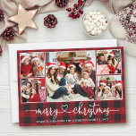 Cartes Pour Fêtes Annuelles Calligraphie Coeur 5 Photo Noël Rouge Plaid<br><div class="desc">Calligraphie moderne Script cardiaque 5 Photo Famille Photo Collage Joyeux Carte de Noël - Rouge Plaid</div>