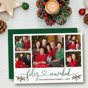 Cartes Pour Fêtes Annuelles Calligraphie Coeur Feliz Navidad Holly Green