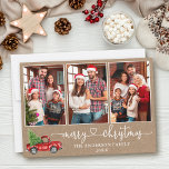 Cartes Pour Fêtes Annuelles Calligraphie Coeur Kraft 3 Photo Camion de Noël<br><div class="desc">Calligraphie moderne Script cardiaque 3 Photo Famille Photo Collage Kraft Joyeux Carte de Noël - Aquarelle Camion rouge Vintage avec arbre de Noël</div>