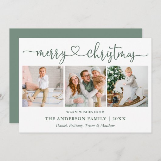 Cartes Pour Fêtes Annuelles Calligraphie Coeur Noël 3 Photo Sage Vert (Devant / Derrière)