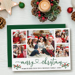 Cartes Pour Fêtes Annuelles Calligraphie Coeur Noël Holly 5 Photo Vert<br><div class="desc">Calligraphie moderne Script cardiaque Joyeux Noël 5 Photo Carte de vacances inclut Aquarelle Rouge Holly Berries - Script vert</div>