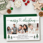 Cartes Pour Fêtes Annuelles Calligraphie Coeur Pins de Noël 3 Photo Vert<br><div class="desc">Calligraphie moderne Script cardiaque Joyeux Noël 3 Photo Carte de vacances inclut Aquarelle Pine Arbres - Script vert</div>