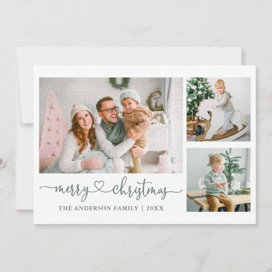 Cartes Pour Fêtes Annuelles Calligraphie Coeur Sage Vert Noël 3 Photo (Devant)