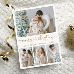 Cartes Pour Fêtes Annuelles Calligraphie Coeur Script Noël 4 Photo Gold<br><div class="desc">Calligraphie moderne Script coeur Joyeux Noël 4 Photo Carte de vacances - Gold Texte</div>