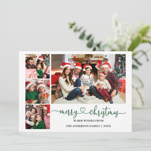 Cartes Pour Fêtes Annuelles Calligraphie Coeur Vert Noël 4 Photos (Debout devant)