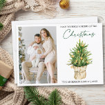 Cartes Pour Fêtes Annuelles Calligraphie de l'encre Aquarelle Pine Tree photo<br><div class="desc">Design Élégant Calligraphie Stylo Encre Script Minimaliste Aquarelle Pine Arbre Photo Carte De Vacances - Ayez Vous Un Joyeux Petit Noël</div>