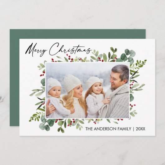 Cartes Pour Fêtes Annuelles Calligraphie Encre Script Aquarelle Baies vertes (Devant / Derrière)