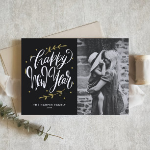 Cartes Pour Fêtes Annuelles Calligraphie et Couronne Photo Nouvel An Noir