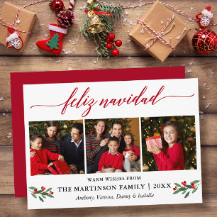 Cartes Pour Fêtes Annuelles Calligraphie Feliz Navidad Rouge Houx 3 Photo