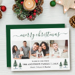 Cartes Pour Fêtes Annuelles Calligraphie Joyeux Noël 3 Photo Pins verts<br><div class="desc">Script de calligraphie moderne Joyeux Noël 3 Photo Carte de vacances inclut Aquarelle Pine Arbres - Forest Green Script</div>