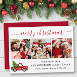 Cartes Pour Fêtes Annuelles Calligraphie Joyeux Noël Camion rouge 3 Photo<br><div class="desc">Calligraphie moderne Script 3 Photo Famille Photo Collage Joyeux Noël Card inclut Watercolor Vintage Camion rouge avec arbre - Script rouge</div>