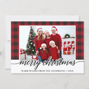 Cartes Pour Fêtes Annuelles Calligraphie Joyeux Noël Famille Photo Rouge Plaid