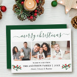 Cartes Pour Fêtes Annuelles Calligraphie Joyeux Noël Holly 3 Photo Vert<br><div class="desc">Calligraphie moderne Script 3 Photo Famille Photo Collage Joyeux Noël Carte inclut Aquarelle Noël Fruits de Noël - Forest Green Script</div>