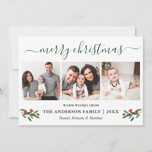 Cartes Pour Fêtes Annuelles Calligraphie Joyeux Noël Holly 3 Photo Vert (Devant)