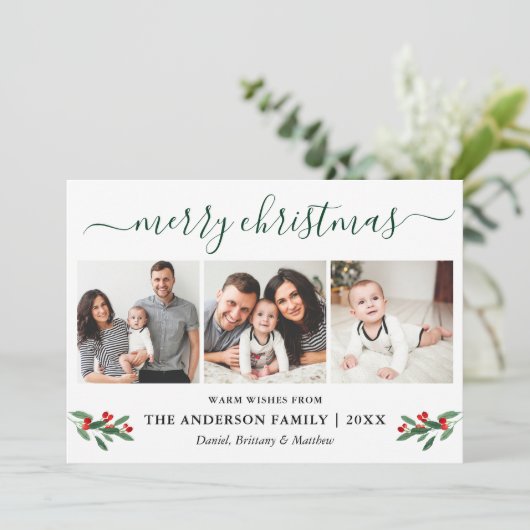 Cartes Pour Fêtes Annuelles Calligraphie Joyeux Noël Holly 3 Photo Vert (Debout devant)