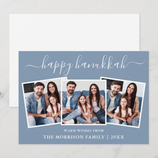Cartes Pour Fêtes Annuelles Calligraphie moderne 3 Photo Joyeux Hanukkah Bleu  (Devant / Derrière)