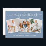 Cartes Pour Fêtes Annuelles Calligraphie moderne 3 Photo Noël bleu<br><div class="desc">Calligraphie moderne tendance Script 3 Photo Famille Photo Collage Joyeuse Carte de Noël - Dusty Blue</div>