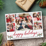 Cartes Pour Fêtes Annuelles Calligraphie moderne Famille 5 Collage photo<br><div class="desc">Calligraphie moderne Script 5 Photo Famille Photo Collage Happy Holidays Card inclut Watercolor Christmas Holly Berries - Red Script</div>