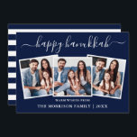 Cartes Pour Fêtes Annuelles Calligraphie moderne Hanoukka Blue Stripes 3 Photo<br><div class="desc">Calligraphie moderne tendance Script 3 Photo Famille Photo Collage Carte Happy Hanoukka - Marine Bleu et Blanc Stripes Retour</div>