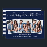 Cartes Pour Fêtes Annuelles Calligraphie moderne Hanoukka Blue Stripes 3 Photo<br><div class="desc">Calligraphie moderne tendance Script 3 Photo Famille Photo Collage Carte Happy Hanoukka - Marine Bleu et Blanc Stripes Retour</div>