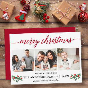 Cartes Pour Fêtes Annuelles Calligraphie moderne Holly Christmas 3 Photo Rouge