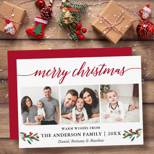 Cartes Pour Fêtes Annuelles Calligraphie moderne Holly Christmas 3 Photo Rouge