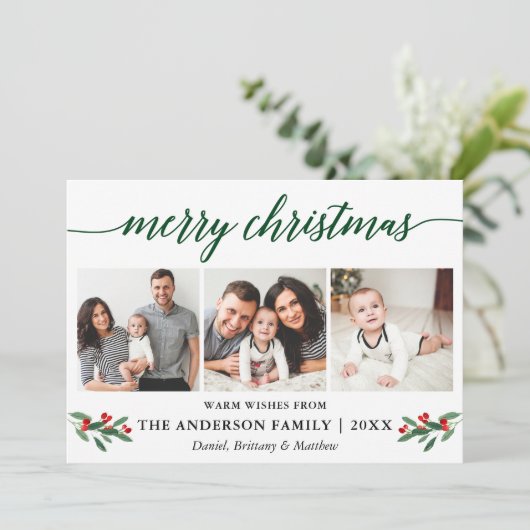 Cartes Pour Fêtes Annuelles Calligraphie moderne Holly Green Noël 3 Photo (Debout devant)