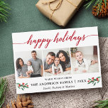 Cartes Pour Fêtes Annuelles Calligraphie moderne Holly Red 3 Photo<br><div class="desc">Script de calligraphie moderne Joyeux Vacances 3 Photo Carte de vacances inclut Watercolor Holly Berries - Script rouge</div>