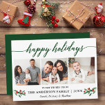 Cartes Pour Fêtes Annuelles Calligraphie moderne Red Holly 3 Photo Green<br><div class="desc">Script de calligraphie moderne Happy Holidays 3 Photo Holiday Card inclut Watercolor Holly Berries - Green Script</div>