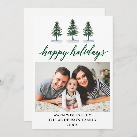 Cartes Pour Fêtes Annuelles Calligraphie moderne Vert Aquarelle Pins Photo (Devant / Derrière)