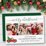 Cartes Pour Fêtes Annuelles Calligraphie Noël Camion rouge 3 photo vert<br><div class="desc">Calligraphie moderne Script 3 Photo Famille Photo Collage Joyeux Noël Card inclut Watercolor Vintage Camion rouge avec arbre - Forest Green Script</div>